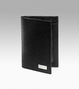 Stamped calfskin credit card holder has two card slots and one ID window. 3W X 4¼H Made in Italy