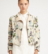 Contrasting floral print and a corded texture invigorate this timeless silk-rich motorcycle jacket. MockneckSnap closuresAsymmetrical front zipperThree-quarter sleevesBias zip cuffsZippered back ventAbout 20 from shoulder to hemBody: SilkTrim: PolyesterDry cleanImportedSIZE & FITModel shown is 5'10 (177cm) wearing US size 4. 