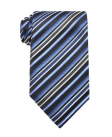 Stellar stripes and bold colors make a positive impact on any outfit this Geoffrey Beene tie is paired with.