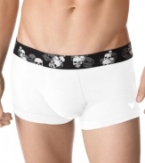 Take your style seriously from Top to bottom. These skull waistband trunks from Emporio Armani are for the fashion forward.