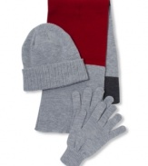 Add a pop of color to your winter wardrobe with this hat, glove and color block scarf set by American Rag.