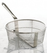 Give it a fry! The perfect complement to BBQs, dessert parties and more, this fry basket lets you deep fry with ease and convenience right in the comfort of your home. Fitting into your All-Clad 6- and 8-quart stockpots, the fry basket has an extra long handle, a hook to rest the basket on the side of the pan to let extra grease drip off and a dishwasher-construction that makes it an easy clean. Lifetime warranty.