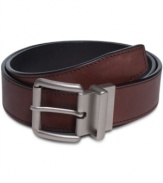 Two looks in one leather belt by Timberland is smooth, handsome, and reversible for 2 different styles.