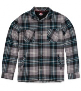 Get in season with classic style wearing this flannel plaid sherpa-lined shirt from Quiksilver.