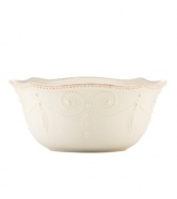 With fanciful beading and a feminine edge, this bowl from the Lenox French Perle white dinnerware collection has an irresistibly old-fashioned sensibility. Hard-wearing stoneware is dishwasher safe and, in a soft white hue with antiqued trim, a graceful addition to every meal. Qualifies for Rebate