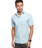 Go laid-back and lightweight with this breezy big and tall shirt from Alfani.