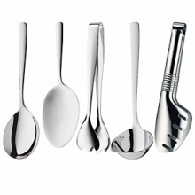 Selection & Simplicity - designed to blend with any flatware pattern, this wide assortment of serving accessories are the perfect finish to any table. 18/10 stainless steel, dishwasher safe. Shown left to right: serving spoon, multiserver, ice tongs, soup ladle, serving tongs.