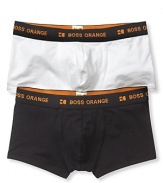 Two pack flex cotton boxer briefs, comfort modern fit. Logo on elastic waist band.