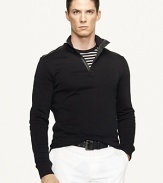 Accented with supple leather detailing at the sleeves and half-zip front, a handsome mockneck pullover is designed in a trim, modern silhouette from luxuriously soft French terry.