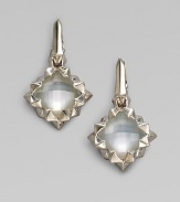 A ruffle of sterling silver frames a faceted mother-of-pearl cushion with a clear quartz overlay. Mother-of-pearl Clear quartz Sterling silver Drop, about 1¼ Post and hinge back Imported