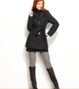 Trench coat styling with an inset vest from Calvin Klein creates a chic layered look, rendered in cozy wool melton fabric.