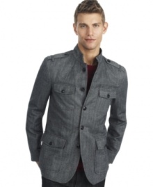 Dress up in dashing style with this Kenneth Cole Reaction herringbone blazer.