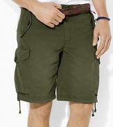 Heavily washed for a worn-in look and feel, a relaxed-fitting cargo short is crafted in lightweight cotton poplin with plenty of utility details.