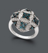 Vintage style with a modern twist. This antique-inspired quilt ring adds a touch of modernity with round-cut blue diamonds (1/2 ct. t.w.) and white diamonds (3/8 ct. t.w.) in a fresh, floral pattern. Statement ring crafted in sterling silver. Size 7.