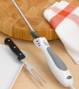 Harness the power to cut through the toughest meat with one easy stroke. This electric knife makes beautiful, even slices every time, using two interchangeable blades to make cutting, carving and slicing an absolute pleasure. Use one blade to glide through meat and another to slice through even the softest bread. Fork not included. One-year limited warranty. Model 2803.