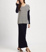 Stunning stripes and long rib-knit sleeves sweeten this soft essential. BoatneckDropped shouldersLong rib-knit sleevesLonger length hits below the hips96% modal/4% spandexMachine washMade in USAModel shown is 5'9½ (176cm) wearing US size Small.