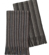 Pencil stripe, cashmere scarf with fringed ends.