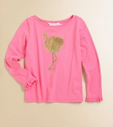 A golden flamingo sparkles the front of this soft knit tee, dressed up with ruffled cuffs.BoatneckLong sleeves with ruffled cuffsCotton/ModalMachine washImported