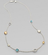 A long delicate, sterling silver link chain with beautiful semi-precious stone stations for a truly elegant look. Mother-of-pearl, honey mother-of-pearl doublet accented with clear quartz, denim mother-of-pearl doublet accented with clear quartz and clear quartzSterling silverLength, about 40Lobster clasp closureImported 