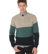 Layer your layers. Colorblocked stripes make this Perry Ellis a first-rate fall sweater from Perry Ellis.