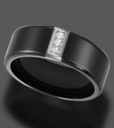 Go your own way. This sleek men's ring by Triton features a stylish and comfortable fit. Crafted in black titanium, ring features three, round-cut, vertically-set diamond accents. Approximate band width: 8 mm. Sizes 8-15.