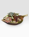 From the Meadow Collection. A charming tableau, presenting two jeweled frogs atop a lily-pad shaped hinged box of handcrafted enamel with glittering Swarovski crystal accents. Brass-plated pewter with handcrafted enamel and crystal 4½L X 1H X 2½D Made in USA