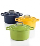 Your go-to for getting it done right in the kitchen, this versatile round dish is perfect for baking casseroles, browning meats and much, much more. The heavy-duty construction distributes heat evenly, locking moisture in to slow-cooked stews and braised roasts. From prep to presentation, this attractive enameled cast iron pot goes with ease, featuring generously sized handles for a secure, confident grip. Lifetime warranty.