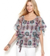 An airy chiffon top from INC adds a feminine touch to jeans, capris and more! The ornate print and self-tie belt at the waist give this piece unique appeal.