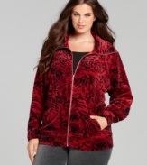 A mixed print spices up Style&co. Sport's plus size velour jacket-- lounge in luxury this season! (Clearance)