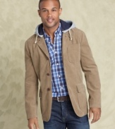 Effortlessly hip, this hooded corduroy sportcoat by Tommy Hilfiger gives you a layered look perfect for the season.