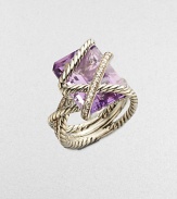 From the Cable Wrap Collection. A beautiful lavender amethyst stone surrounded by dazzling diamonds and cables. Diamonds, .29 tcw Lavender amethyst Sterling silver Width, about ½ Imported 