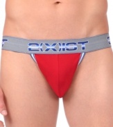 From 2(x)ist's new Athletic Range, a jock strap with Olympic-caliber detailing. Like the brand's famously supportive Contour Pouch (edged with multicolor piping) and its famously soft and stretchy Pique-Fle(X), a proprietary blend of cotton, Modal, and spandex.