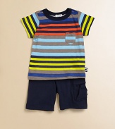 A plush cotton tee with cool, colorful stripes, paired with matching shorts, make this set a must-have for your little man.CrewneckShort sleevesPullover styleElastic waistCottonMachine washImported