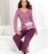 Toast to the comfortable style of Hue's Cheers Knit top and pajama pants set. Featuring a cheers graphic with rhinestone accents up top and polka dotted-pants down below.