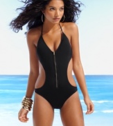 A sexy silhouette with a zipper accent gives this monokini swimsuit a fashion-forward look, by R Collection By Raisins.