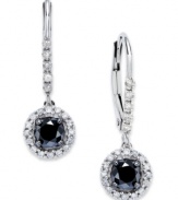 Punctuate your style with poignant drops. Round-cut black (3/4 ct. t.w.) and white diamonds (1/4 ct. t.w.) adorn these lovely circular drop earrings. Crafted in 14k white gold with a lever backing. Approximate drop: 1/2 inch.