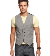 Some vests look like they were just made to be worn with jeans. This one really was. Three-pocket plaid vest with button front from Marc Ecko Cut & Sew.