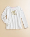 Long-sleeve crewneck with sparkly turtle print on the front, styled with feminine ruffle cuffs. Crewneck Sparkly turtle print Long sleeves with ruffle trim at cuffs Cotton/modal Machine wash Imported