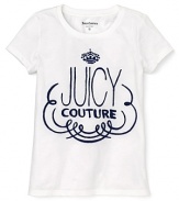 A plain white tee gets a style-centric update from Juicy featuring a fun curlicue logo detail on front.