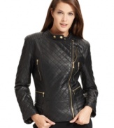 Calvin Klein's faux leather jacket is quilted, stitched and asymmetrically zipped to style perfection.