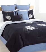 Into the blue. Beautifully embroidered blossoms and refreshing, sky blue solids unite for an uplifting look rooted in natural beauty. Featuring a coordinating bedskirt, European shams and decorative pillows, the Floral Zest comforter set has everything you need to renew your look, instantly! (Clearance)