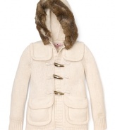 This traditional duffle coat gets a makeover, blending sweater details with a toggle closure and removable hood with faux-fur trim.