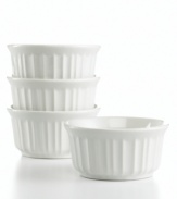 With their classic Corningware design, these French White ramekins complement every cuisine. Made from durable stoneware that's equipped to survive virtually any kitchen environment, 10-year warranty.