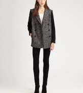 This sophisticated silhouette sports a textural tweed body and cozy knit sleeves