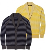 This season, when you want to cover the territory between casual and tailored, you're going to find yourself topping things off with a shawl-collared sweater. Sean John's take on the trend: A button-front cardigan with retro raglan seaming and crisp all-over stripes.