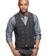 Suit up! Add this plaid Alfani vest to any dress shirt and jeans for big-city style that rocks.