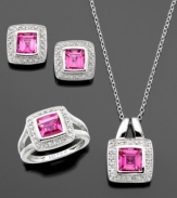 Enchanting and romantic, this pendant, ring and earrings set is perfect for a special occasion. Featuring princess-cut pink topaz (6-3/4 ct. t.w.) and round-cut diamond accents set in sterling silver. Pendant measures approximately 18 inches with a 1-inch drop. Ring is size 7.