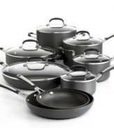 This all-inclusive cookware set from Simply Calphalon is simply irresistible. With its quick-heating, hard-anodized exterior and double coating of exclusive nonstick formula, you'll bring out the best in your kitchen meal after meal. 10-year warranty.