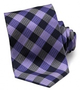 Tie in silk twill. Diagonal black and purple check all over.