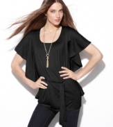 A swingy top from INC creates a dramatic look! Cinch the removable self-tie belt at the waist for extra definition.